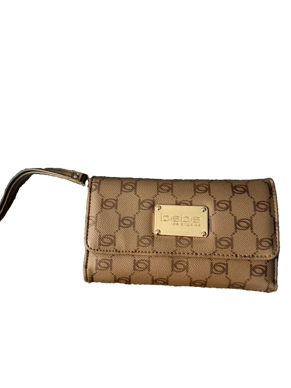 bebe Brown Logo Print Wristlet Clutch with Gold Plaque
